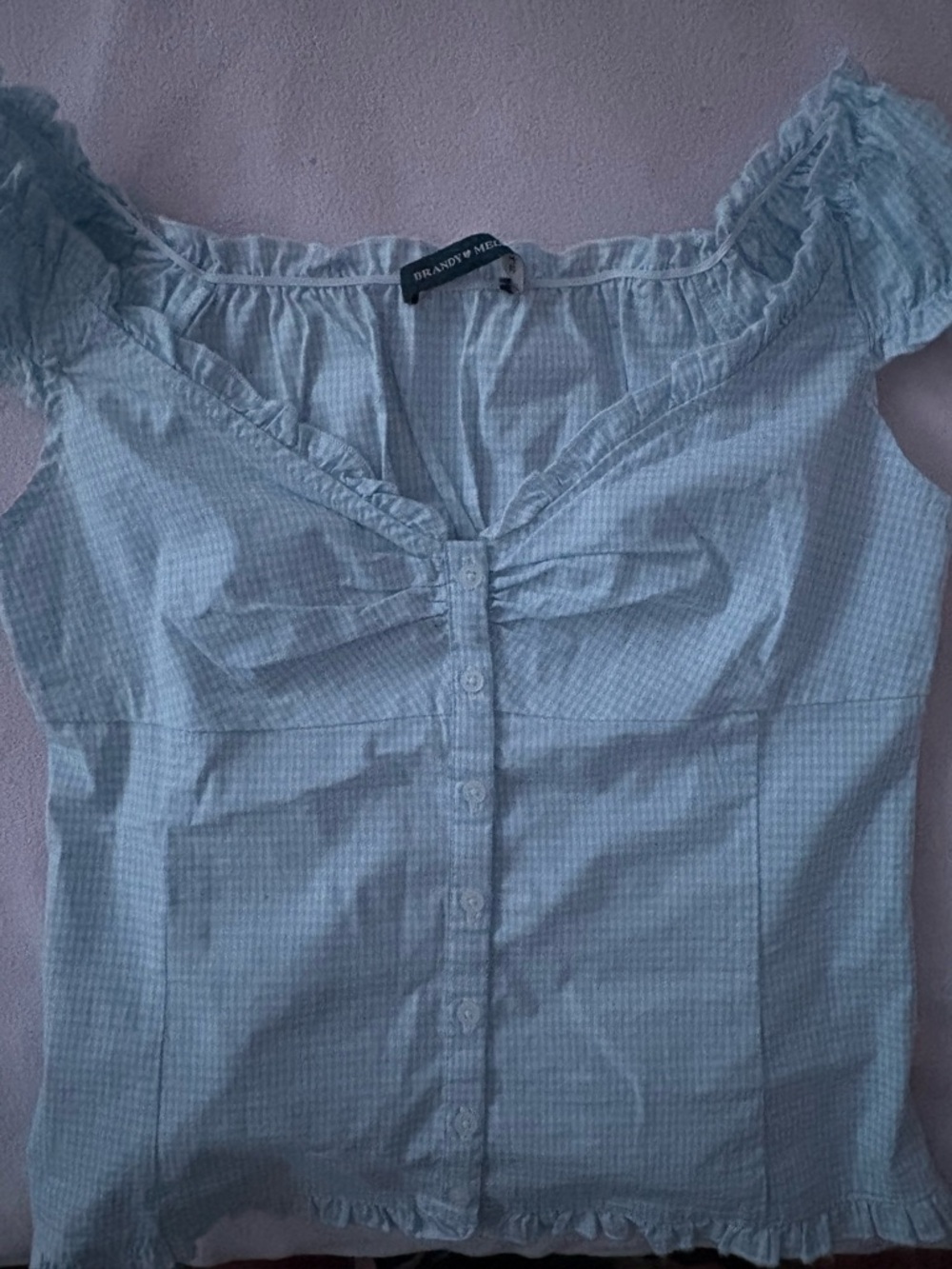 Brandy Melville Pale Blue Button-Front Ruffle Sleeve Top